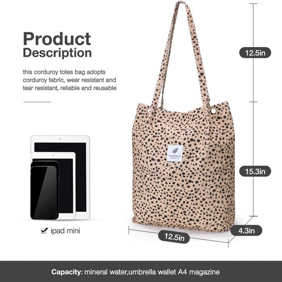 Corduroy Tote Bags for Women, Large Capacity Tote Purse Reusable Grocery Shoulde - Picture 2 of 7